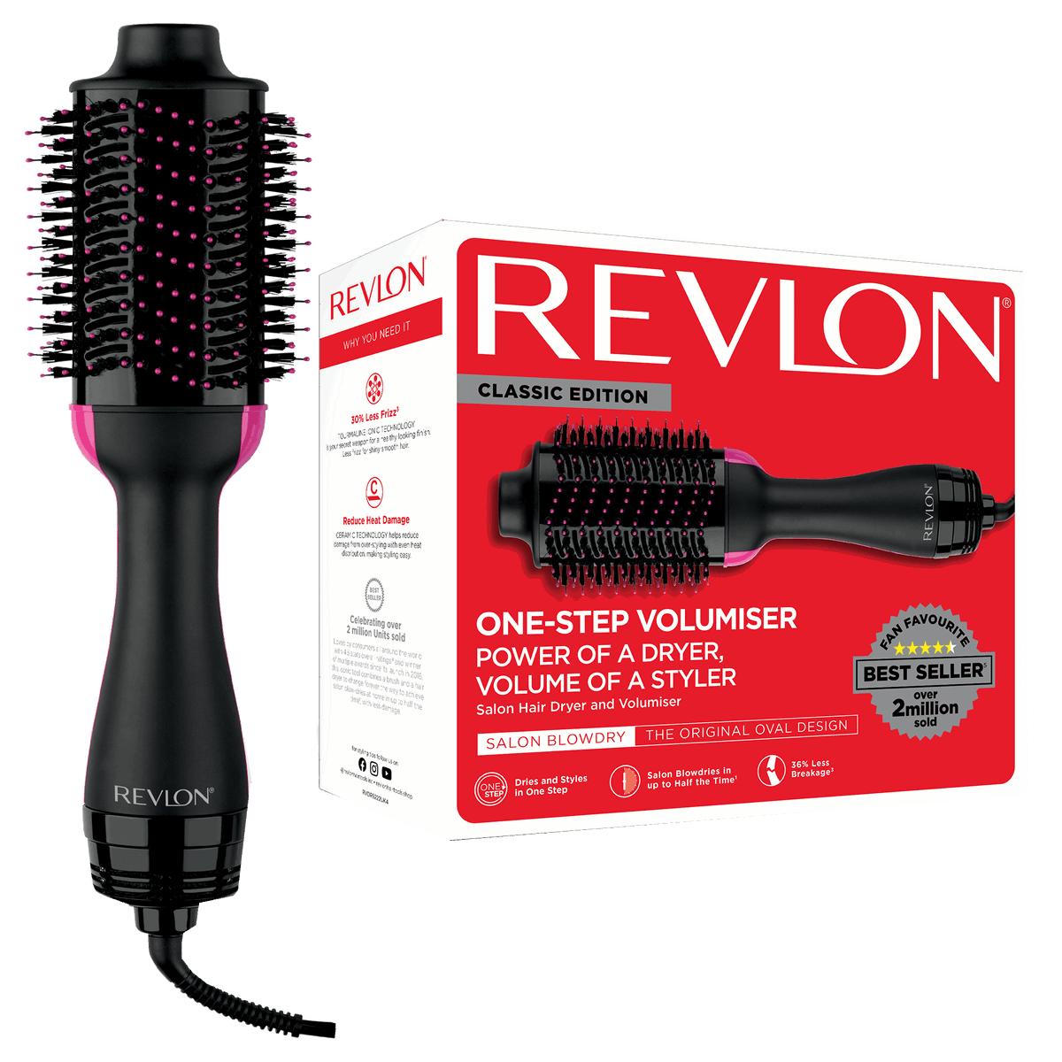 Cepillo eléctrico - Revlon Salon One-Step RVDR5222E,Secador y Moldeador, Iónico, 2 Velocidades, 3 Posiciones calor, Negro